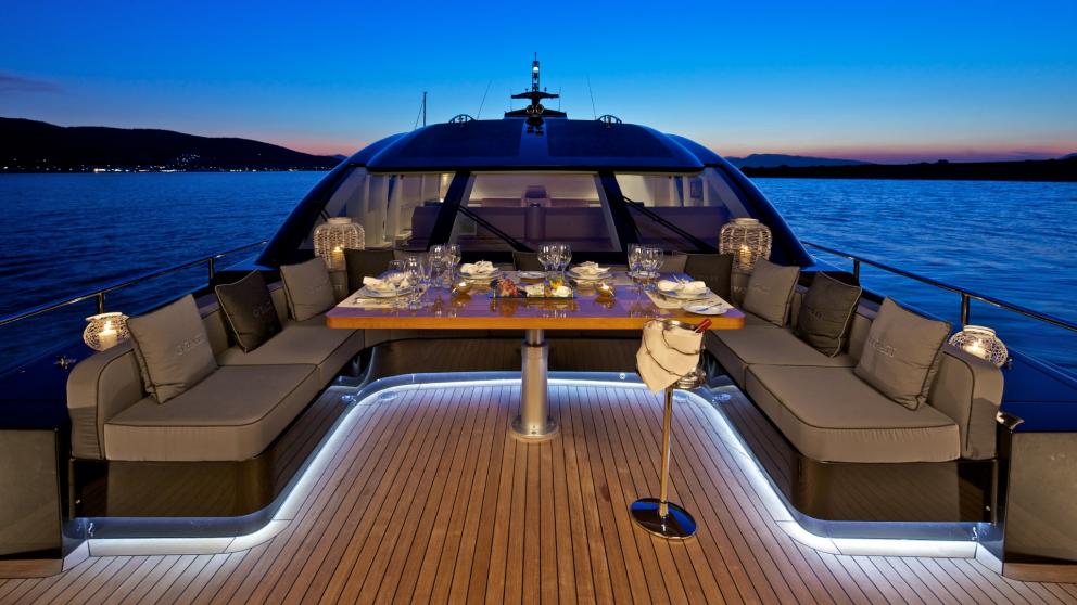Enjoy a luxurious sunset dinner on the motor yacht O'Pati in the Mediterranean Sea.